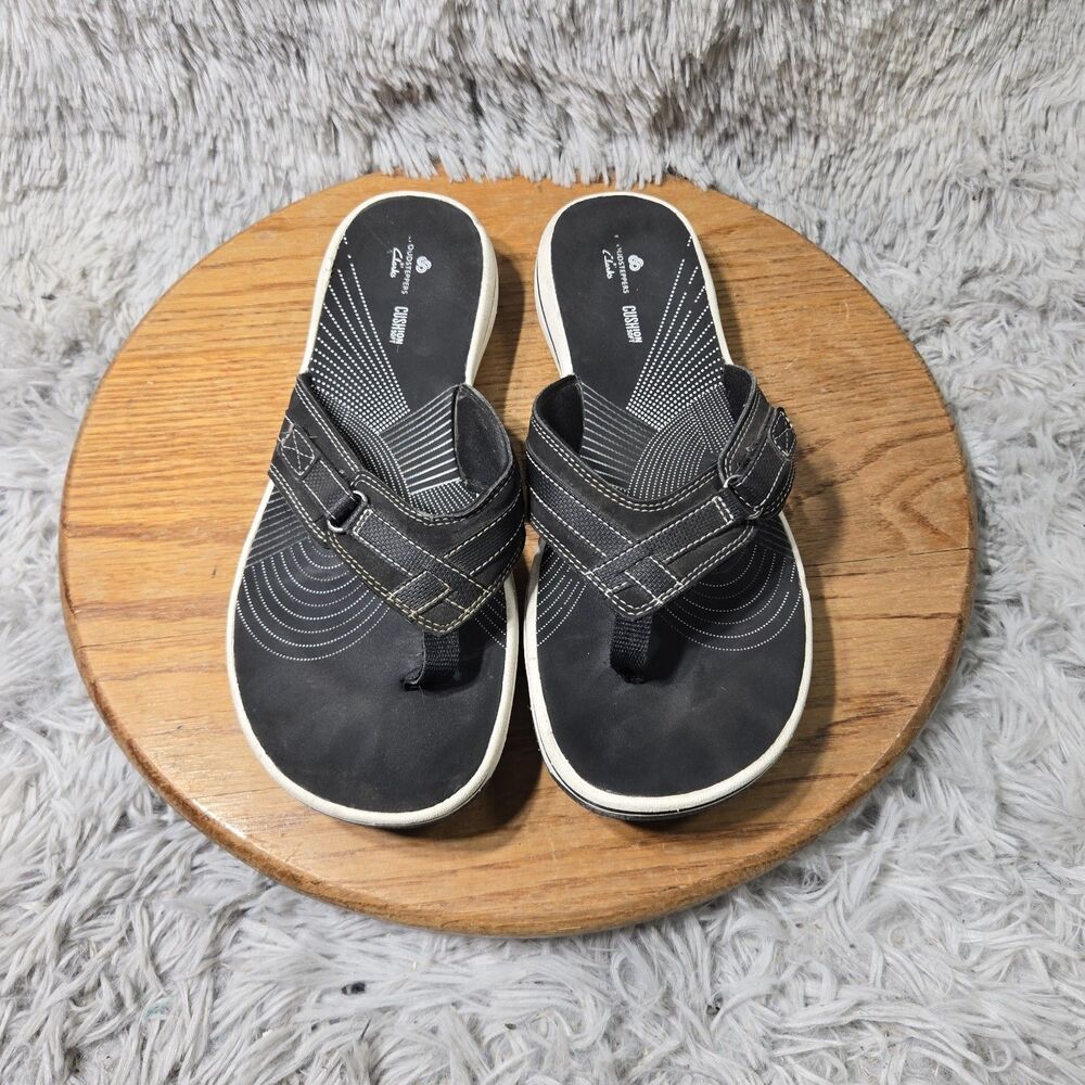 Clarks Black Cloudsteppers Cushion Soft Thong Sandals Women 10M White Sole Trim